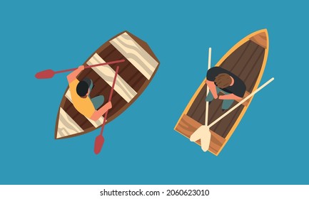 Man Rowing Boat with Paddle or Oar Drifting on Blue Surface of Water Above View Vector Set