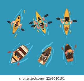 Man Rowing Boat with Paddle or Oar Drifting on Blue Surface of Water Above View Vector Set