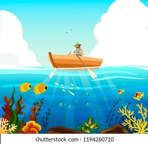 Man rowing a boat in the sea