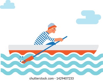 A man rowing in the boat in the sea. Vector illustration
