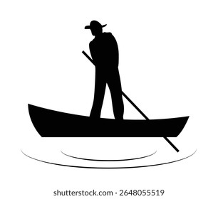 Homem remando um barco Silhueta isolado no branco. Pessoas e atividades de água marinha no lago ou rio