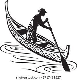 Hombre remando una silueta de barco que representa la vida del río, los viajes y el transporte tradicional.
