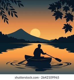 Man Rowing Boat at Sunset on Lake with Mountain Silhouette