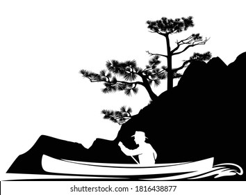 man rowing in canoe boat along river bank with pine trees - adventure exploration in the wilderness black and white vector silhouette