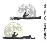 man rowing in canoe boat with full moon background - wilderness boat travelling vector outline set