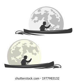 man rowing in canoe boat with full moon background - wilderness boat travelling vector outline set