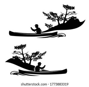 man rowing in canoe boat with pine tree shore line - boat travelling black and white vector outline set