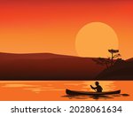 man rowing in canoe boat at sunset with pine tree and lake shore in background - wilderness boat travelling vector silhouette scene