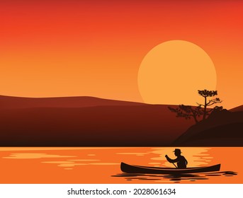 man rowing in canoe boat at sunset with pine tree and lake shore in background - wilderness boat travelling vector silhouette scene