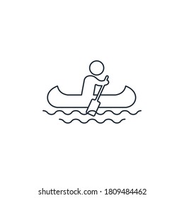 Man rowing a canoe boat. Vector linear icon isolated on white background.