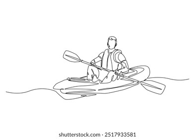 Homem remando canoa contínua um desenho de linha. Paddle kayak em ilustração de arte de linha única. Vetor editável.  