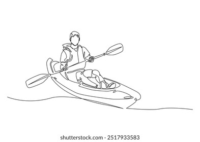 Homem remando canoa contínua um desenho de linha. Paddle kayak em ilustração de arte de linha única. Vetor editável.  