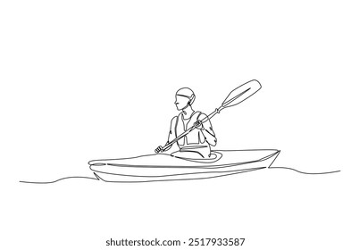 Man rowing canoe continuous one line drawing. Paddle kayak in single line art illustration. Editable vector.  