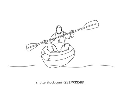 Homem remando canoa contínua um desenho de linha. Paddle kayak em ilustração de arte de linha única. Vetor editável.  