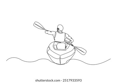 Homem remando canoa contínua um desenho de linha. Paddle kayak em ilustração de arte de linha única. Vetor editável.  