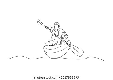 Homem remando canoa contínua um desenho de linha. Paddle kayak em ilustração de arte de linha única. Vetor editável.  