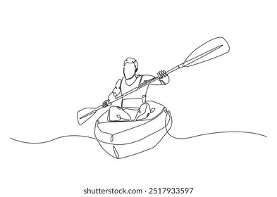 Homem remando canoa contínua um desenho de linha. Paddle kayak em ilustração de arte de linha única. Vetor editável.  