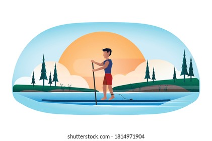 Man rowing oar on sup board, paddleboard background