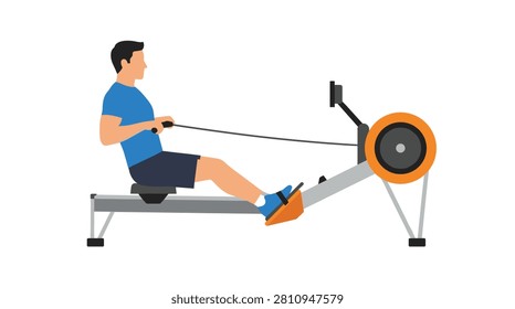 Man Rowing on Machine Cardio Exercise Vector Illustration