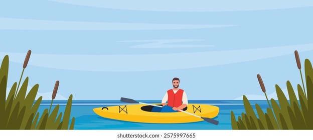 Man rowing with paddles in kayak, side view. Guy in life jacket rafting in sport boat with oars. Extreme water activity.