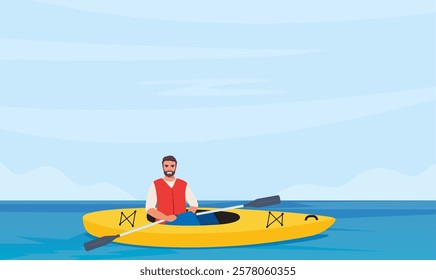 Man rowing with paddles in kayak, side view. Guy in life jacket rafting in sport boat with oars. Extreme water activity.