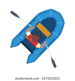 Man Rowing Rubber Inflatable Boat, Top View Vector Illustration