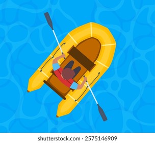 Man Rowing Rubber Inflatable Boat, Top View Vector Illustration