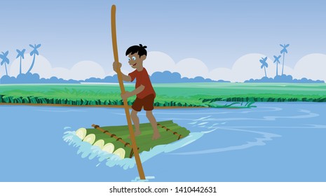 man rows a banana tree raft in the lake - vector
