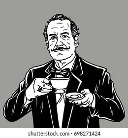 Man Royal Moustache Drinking Tea Vector Vintage Retro Illustration
