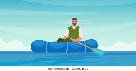 Man in rubber boat at lake or river. Man in vest and hat. Outdoor recreation, leisure time. Vector illustration