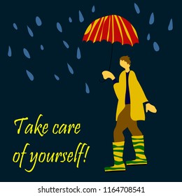Man in rubber boats under umbrella color vector for banner and postcard