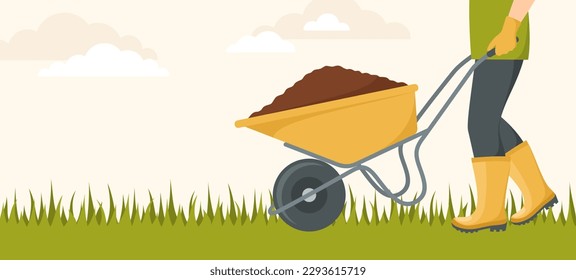 A man in rubber boots and gloves carrying a wheelbarrow with soil on the grass. Vector illustration in flat style