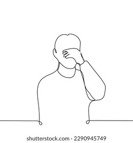 man rubbing his eyes - one line drawing vector. concept closes eyes, facepalm, eye pain