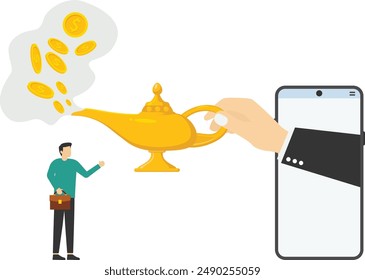 hombre frotando la lámpara mágica y consiguiendo monedas de dólar. Recaudar dinero en Cuenta. Mercado de inversión. Ilustración vectorial plana

