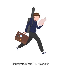 Man with rucksack and guitar case 