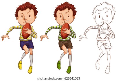 Man and rugby ball in three different drawing styles illustration