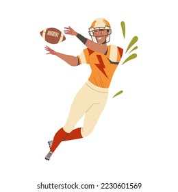 Man Rugby Player in Helmet and Uniform Playing American Football Game Catching Oval Ball with Hand Vector Illustration