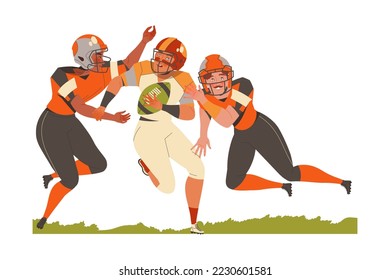 Man Rugby Player in Helmet and Uniform Playing American Football Game Running with Ball and Attacking Vector Illustration