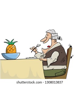 Man in rugged poor clothes eating dinner