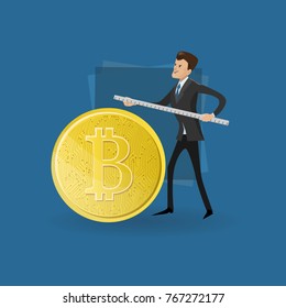 A man with a ruler measures gold bitcoin - income growth, currency, electronic payments.