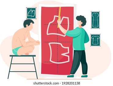 Man with ruler planning model of future garment. Professional tailoring studio. Sewing clothes. Tailor drawing and measuring pattern. Guy in underwear sits on stool and looks at pattern of jacket