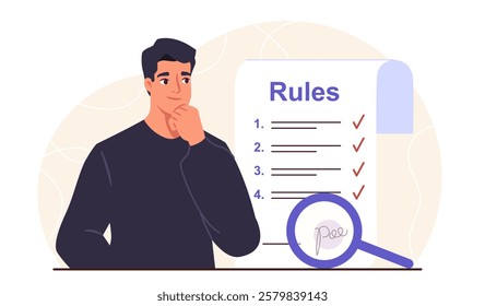 Man with rules list. Young guy near list of rules and goals. Efficient workflow and ethical business. Principles and regulations. Businessman with checklist. Flat vector illustration