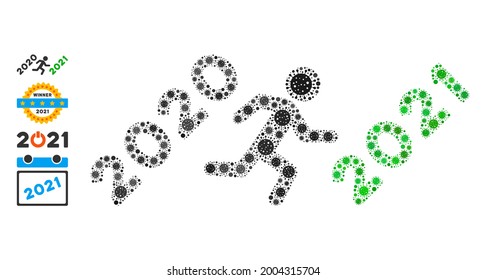 Man run to 2021 virus mosaic icon. Man run to 2021 collage is composed with random pathogen icons. Bonus icons are added. Flat style.