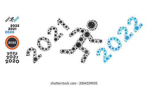 Man run to 2022 coronavirus mosaic icon. Man run to 2022 collage is done with scattered coronavirus particles. Bonus pictograms are added. Flat style.