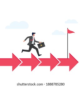 Man run above forward arrows to target metaphor of work on process.