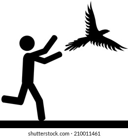 Man run after a bird. It is a stick figure vector. EPS10 