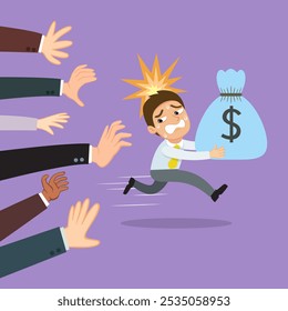 A man run away with a bag of money as many hands demanded money. Running man with money bag. Flat, Vector, Illustration, Cartoon, EPS10.   