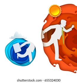 Man run away from blue paper cut circle and going in to hot orange layers. Paper art carving banner with sun, cloud, paper layers. Vector illustration. Paper cut concept for business or summer design