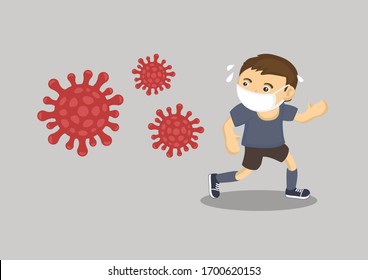 El hombre huye del coronavirus. Concepto de impacto del coronavirus. Ilustración vectorial.