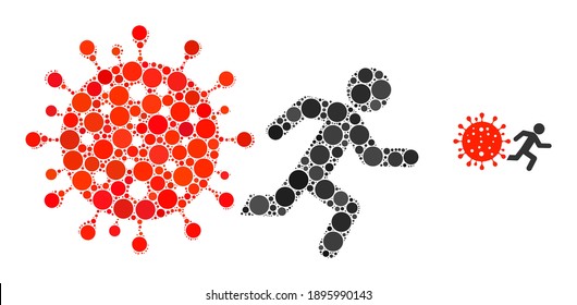 Man run away covid collage of round dots in various sizes and color hues. Vector round dots are organized into man run away covid illustration. Man run away covid isolated on a white background.